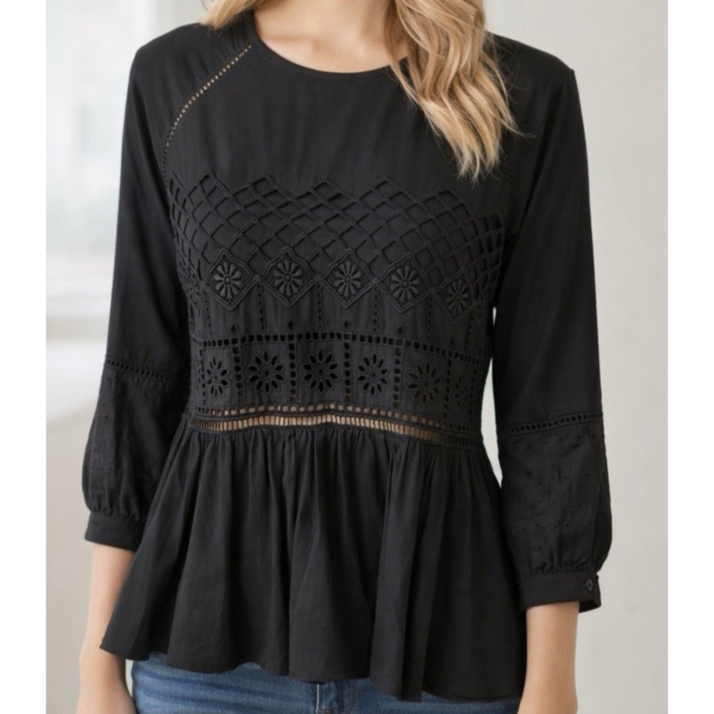 Blue Rain Peplum Blouse Small Black Eyelet Lace Long Sleeve Fit Flare Cutout